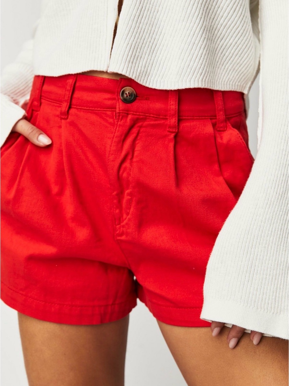 Free People Red High-Waist Pleated Shorts
